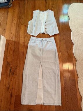 Zara Blue and White Striped Maxi Skirt with Matching Vest
